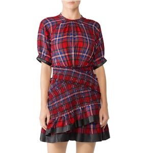 Tanya Taylor Nicole Dress Red Plaid with Leather Trim
Size 10